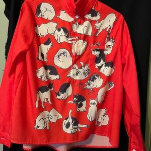 Playful Cat Print Red Button Down Shirt